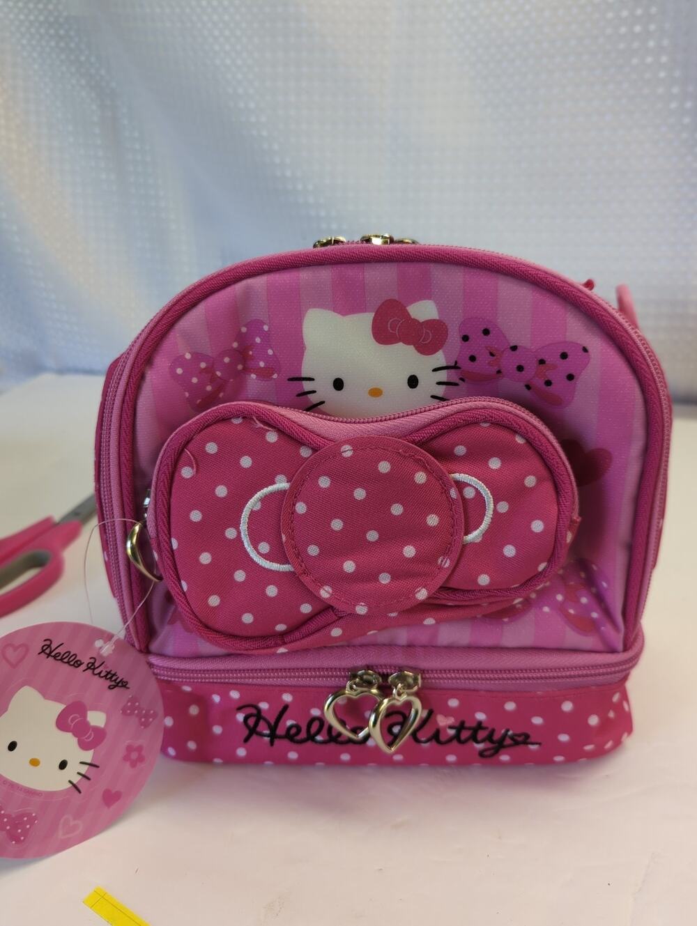 Hello Kitty Bow,Lunch Bag Cosmetic Bag Sanrio Polka Dot Cold Area Long Strap NWT